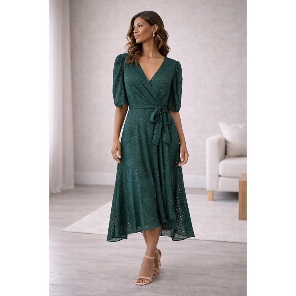Tommy Hilfiger Green Glitter Dot Chiffon Wrap Midi Dress Puff Sleeve Size 4